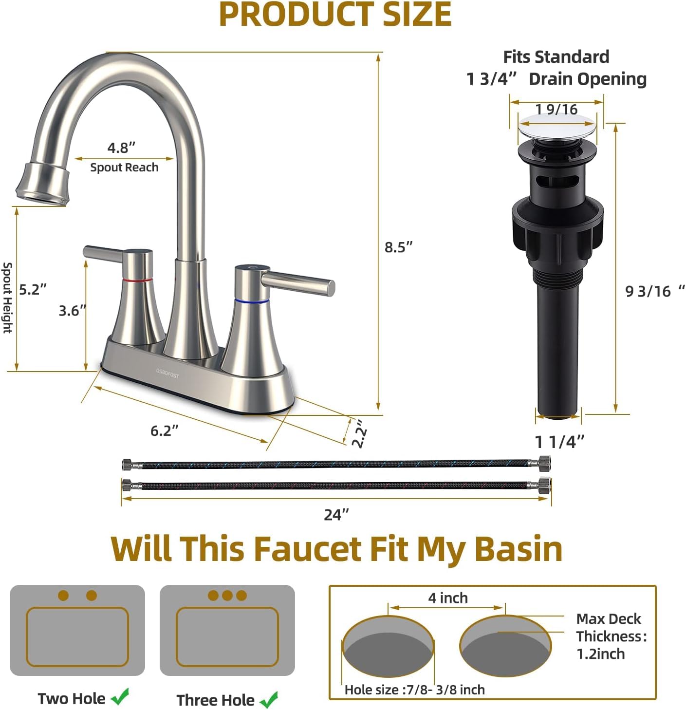 QSBOFOST Bathroom Faucets 4 inch Bathroom Sink Faucet with Pop Up Drain,360 Swivel Spout,Stainless Steel Lead-Free Sink Faucet with 2 Water Supply Lines for Bathroom Sink 2-3 Holes (Matte Black)