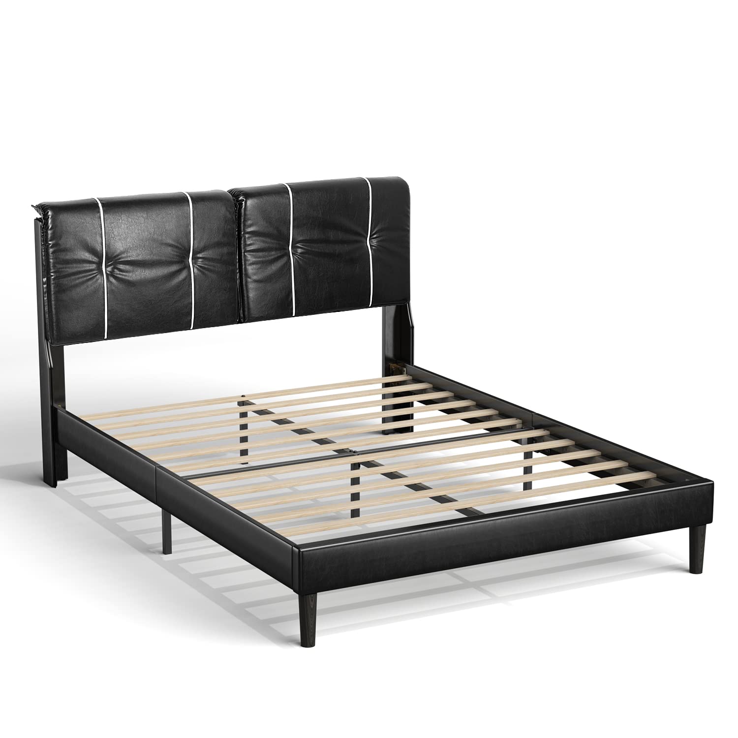 BONSOIR Queen Size Bed Frame Upholstered Low Profile Modern Platform Bed with Faux Leather Headboard/No Box Spring Needed/No Bed Skirt Needed/Black Faux Leather (Black)