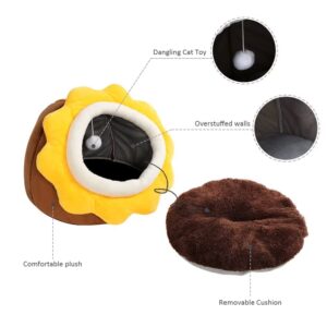 Cat Beds for Indoor Cats - Small Cat Bed with Anti-Slip Bottom, Sunflower-Shaped Cat/Dog Cave with Hanging Toy, Puppy Bed with Removable Cotton Pad, Super Soft Calming, Multiple Sizes(brownM)