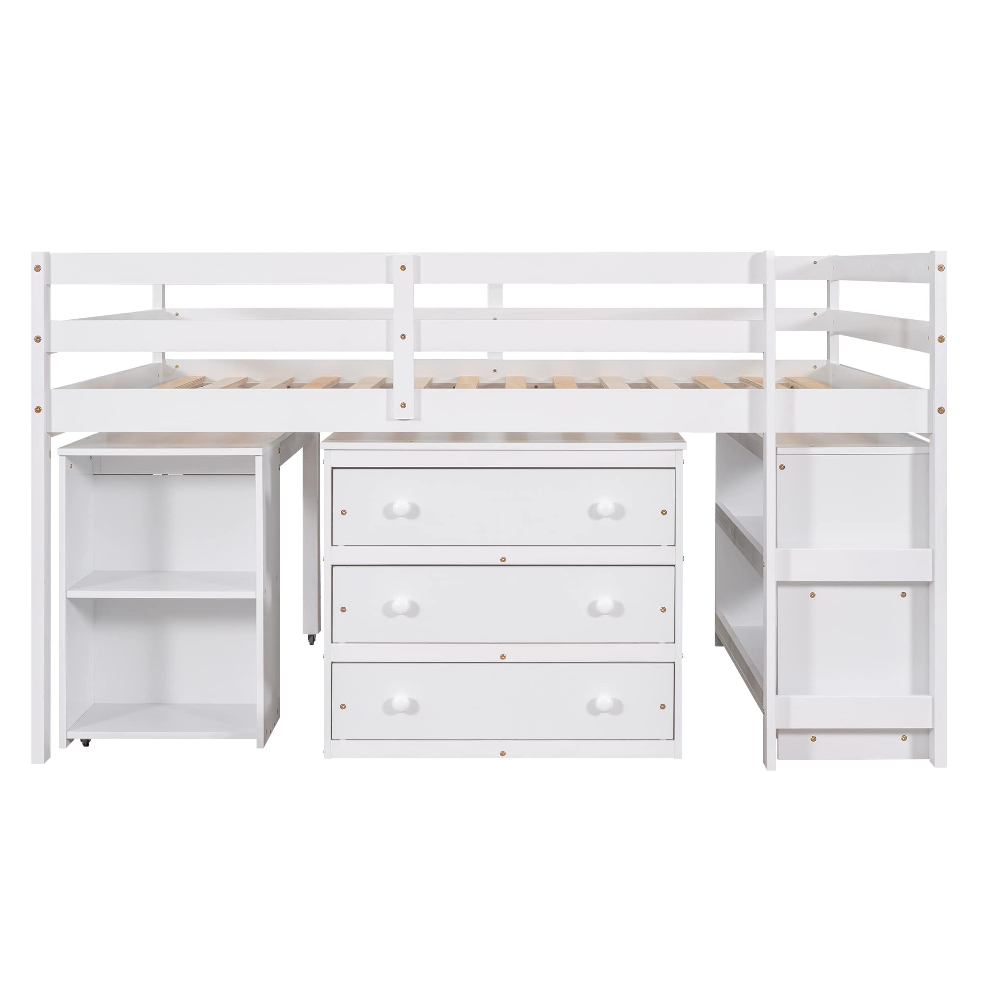 Harper & Bright Designs Low Loft Bed with Desk Underneath Wooden Full Size Kids Loft Bed with Storage Cabinet & Bookshelf,Full Loft Bed Frame for Girls Boys (Full, White)