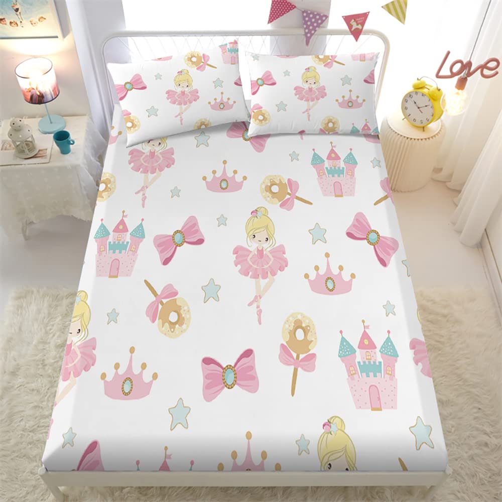 Jeyfull Pink Princess Fitted Sheets Twin for Girls Kids Crown Bed Sheet 2 Pcs 3D Print Flat Sheet with Pillowcase