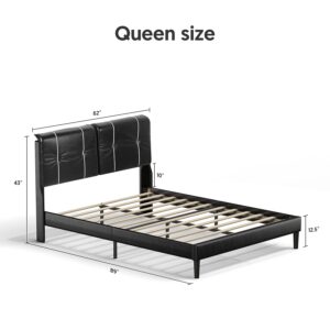 BONSOIR Queen Size Bed Frame Upholstered Low Profile Modern Platform Bed with Faux Leather Headboard/No Box Spring Needed/No Bed Skirt Needed/Black Faux Leather (Black)