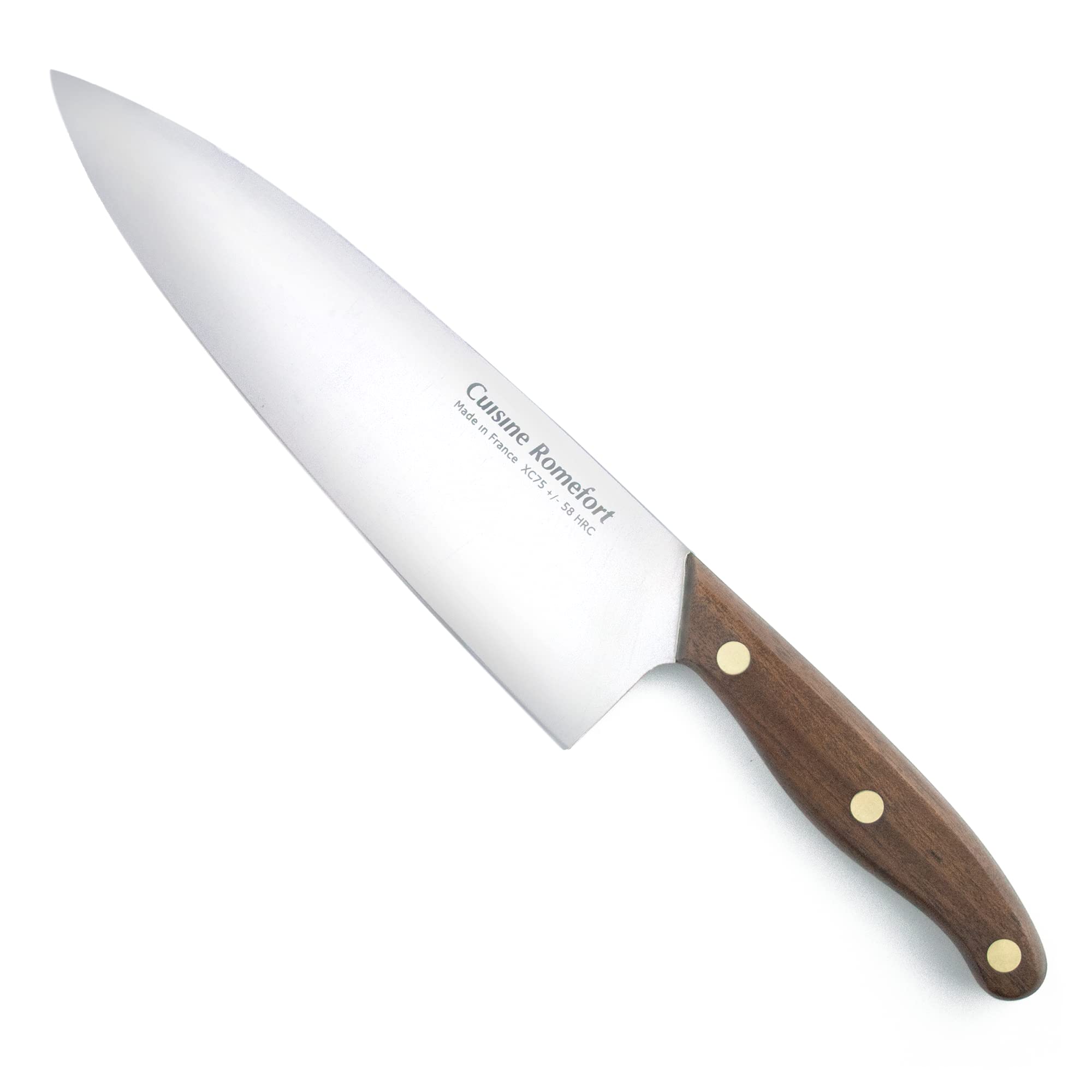 Cuisine Romefort | Sharp Carbon Steel Chef's Knife XC75, 8.7 in blade, with Leather sheath | chef knives with wooden handle | kitchen knife hardened with 58 Rockwell