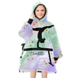 gold dots girl gymnast custom wearable blanket hoodie sweatshirt with pocket, flannel sherpa warm blanket for children