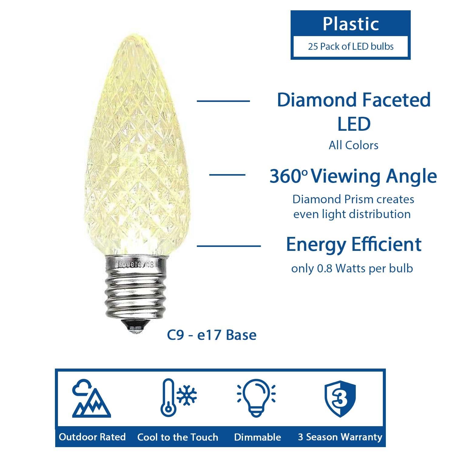 Novelty Lights 25PK C9 LED Faceted Ultra Bright Dimmable Outdoor Christmas Light Replacement Bulbs LED Replacement Bulbs, Led Bulbs, Outdoor Light Bulbs String Light Bulbs 3000K (Warm White)