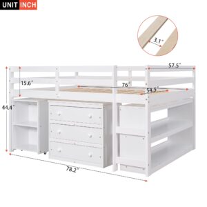 Harper & Bright Designs Low Loft Bed with Desk Underneath Wooden Full Size Kids Loft Bed with Storage Cabinet & Bookshelf,Full Loft Bed Frame for Girls Boys (Full, White)