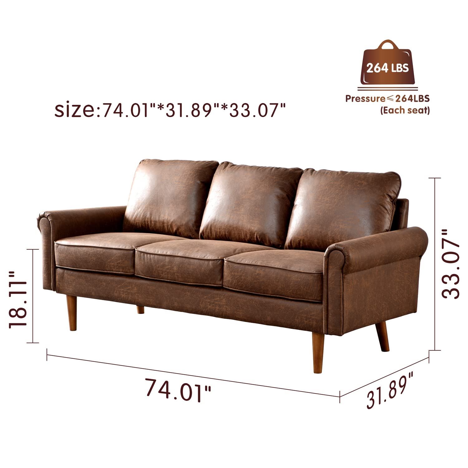 XIZZI Mid-Century Sofa 74" Suede Fabric 3-Seat Couch with Solid Wooden Frame and High Density Sponge Cushion for Living Room,Bark Brown