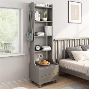 iotxy grey bedside table bookshelf - 71" tall free standing wooden open shelf bookcase with drawers and 4-shelves for bedroom, bed side end table, nightstand