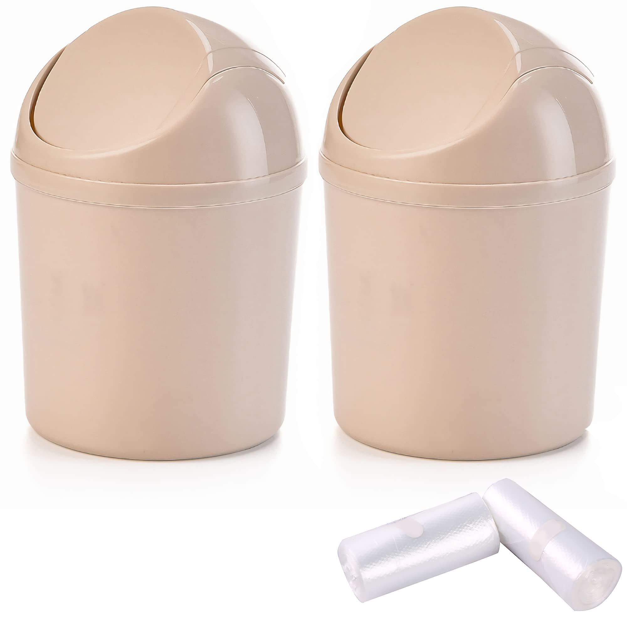 Sheebo 2Pcs Mini Trash Can with Swing Lid Wastebasket Value Packs with 100 Counts Mini Trash Bags for Bathroom Vanity, Desktop, Tabletop or Coffee Table - 2 Liter (Round Cone - 2 Beige)