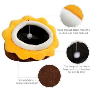 Cat Beds for Indoor Cats - Small Cat Bed with Anti-Slip Bottom, Sunflower-Shaped Cat/Dog Cave with Hanging Toy, Puppy Bed with Removable Cotton Pad, Super Soft Calming, Multiple Sizes(brownM)