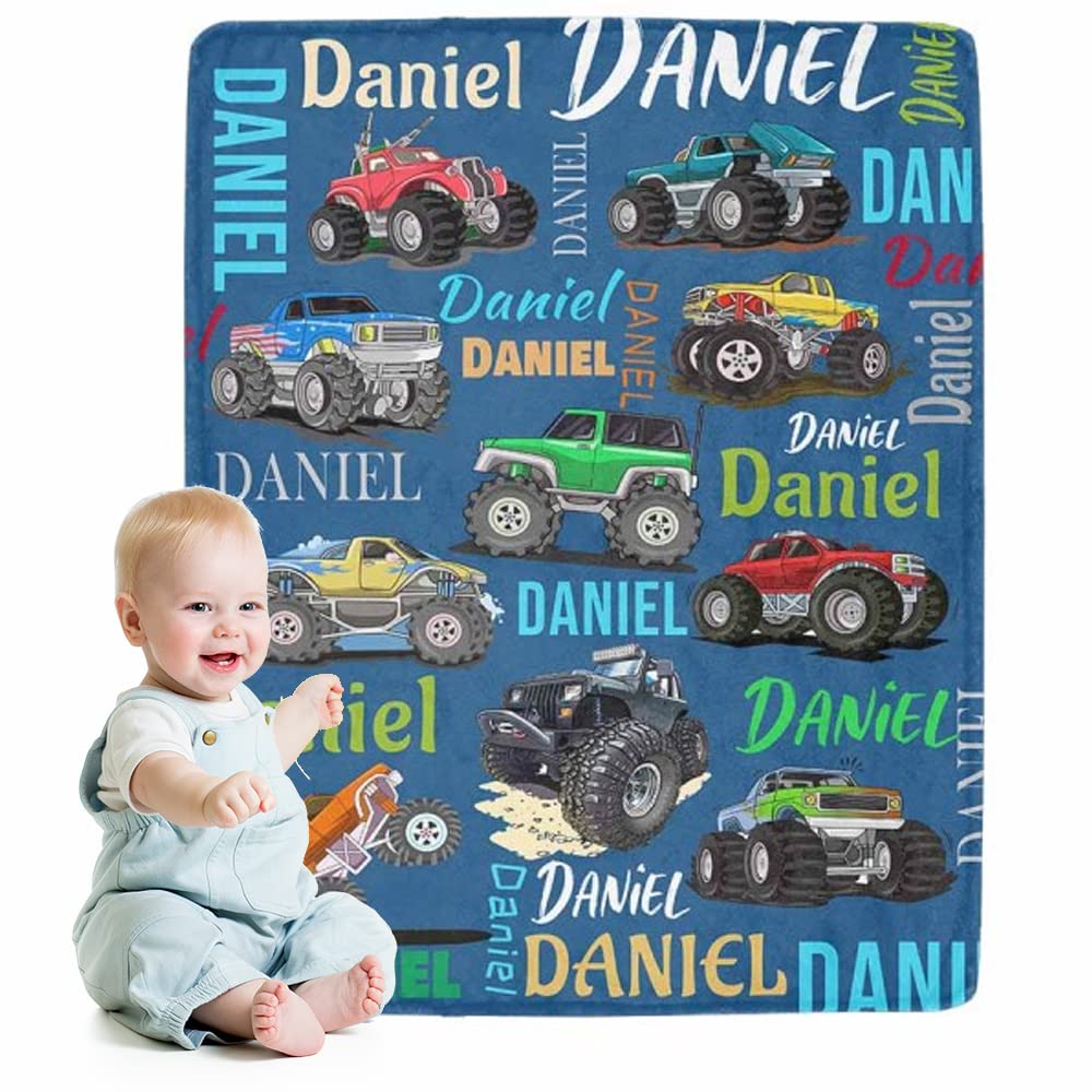 Custom Throw Blanket for Kids Boys, Personalized Car Fleece Blanket with Name Soft Cartoon Blanket for Christmas Birthday Shower Gift