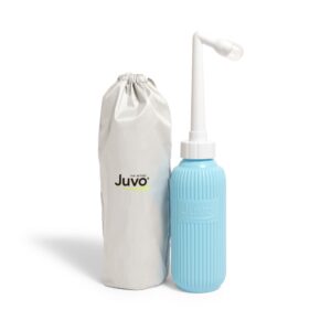 juvo peri bottle kit | portable travel bidet, handheld squeeze bottle with 2 spray nozzles, cap and storage bag, upside down use, 13.5 oz, blue, 1-pack