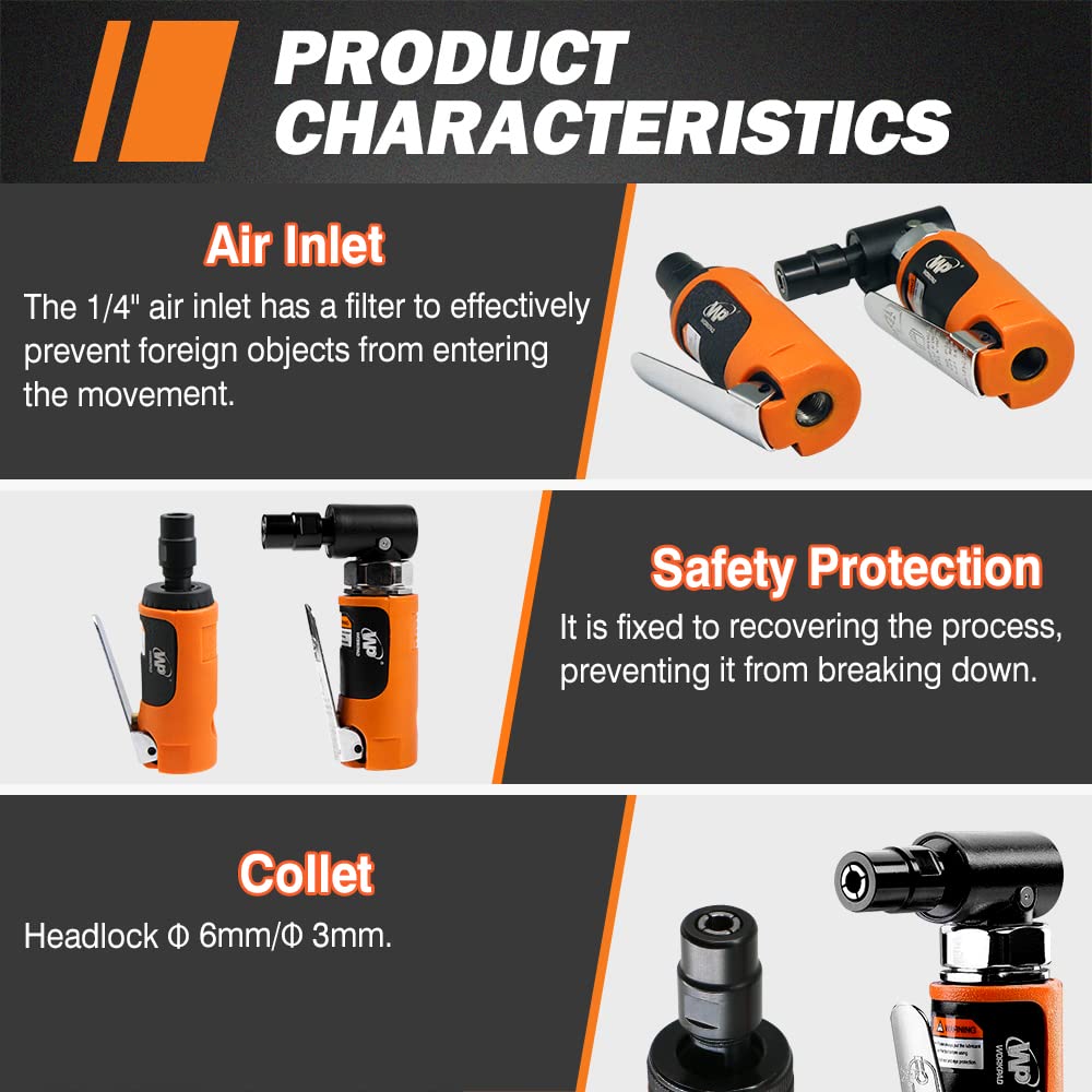 WP WORKPAD Air Die Grinder Set, Straight/Angled Air Die Grinder Kit with 1/4 and 1/8 inch Collets, Pneumatic Tools 2PCS