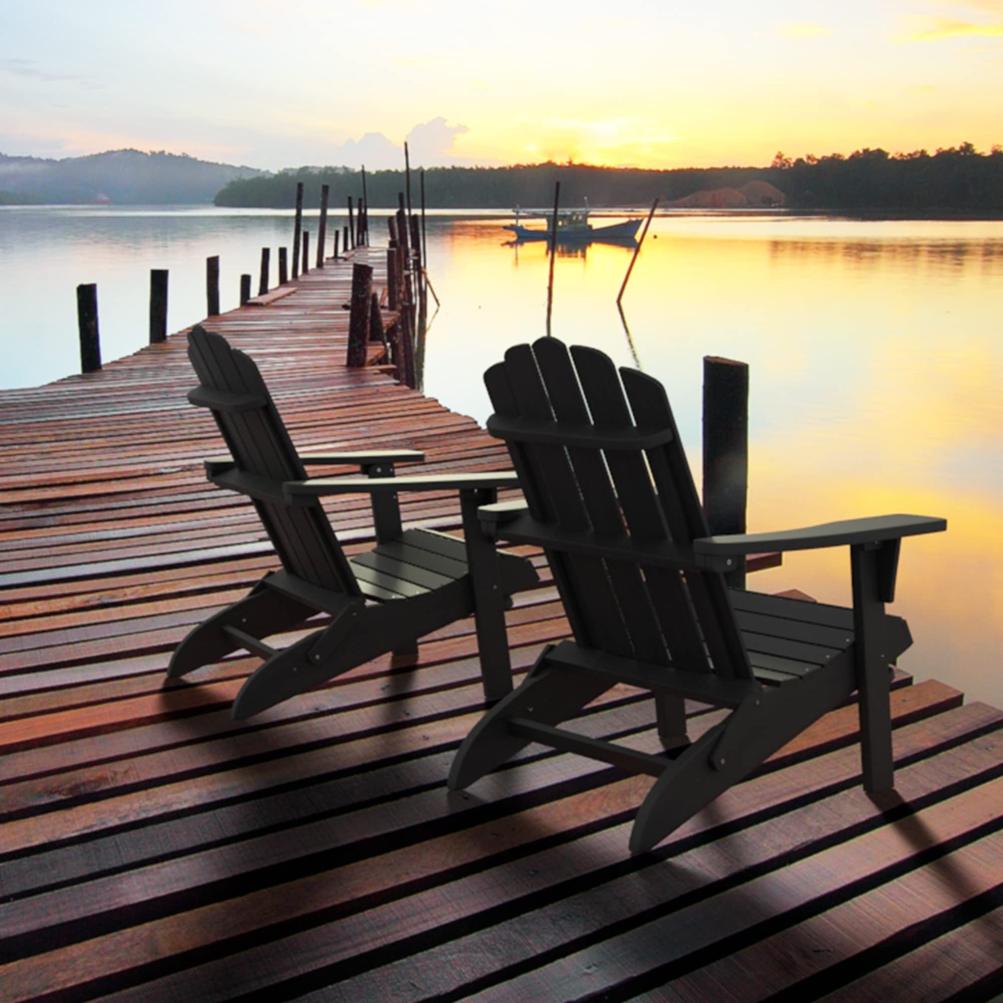 PolyTEAK Folding Adirondack Chair Set of 4, Premium Weather Resistant Poly Lumber, Outdoor Patio Furniture, Up to 300 lbs, Plastic Adirondack Chairs for Garden Fire Pit, Classic Collection - Black