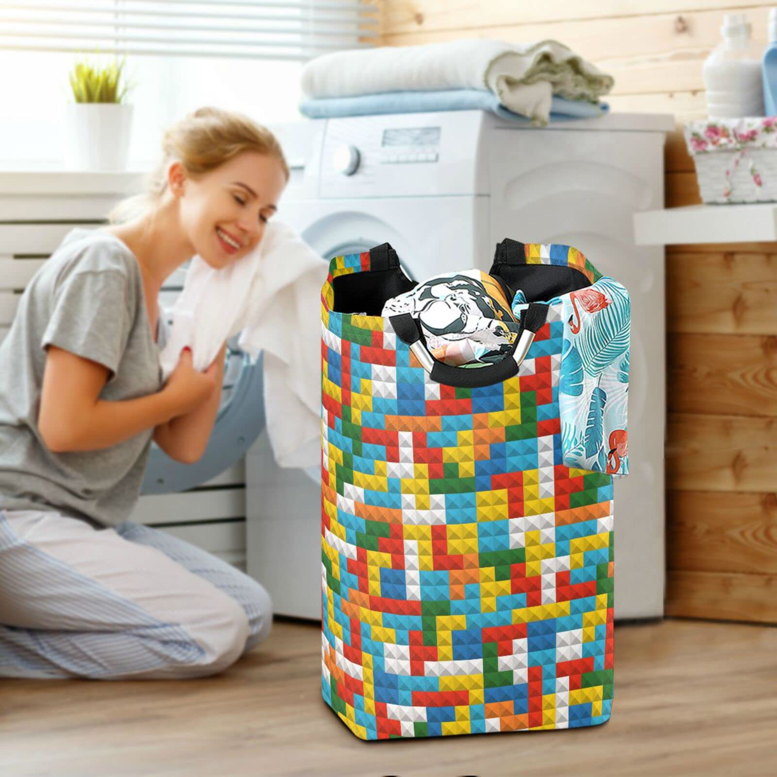 Large Laundry Basket Building Blocks Collapsible Clothes Hamper, Waterproof Nursery Storage Bin with Handle Clothing Baskets for Bedroom Bathroom