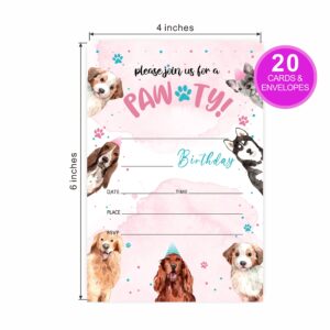 Puppy Birthday Invitations, Let's Pawty Birthday Party Invites Decorations, Dog Birthday Party and Events Supplies, 20 Fill-in Invites Cards with Matching Envelopes（YQK-029）