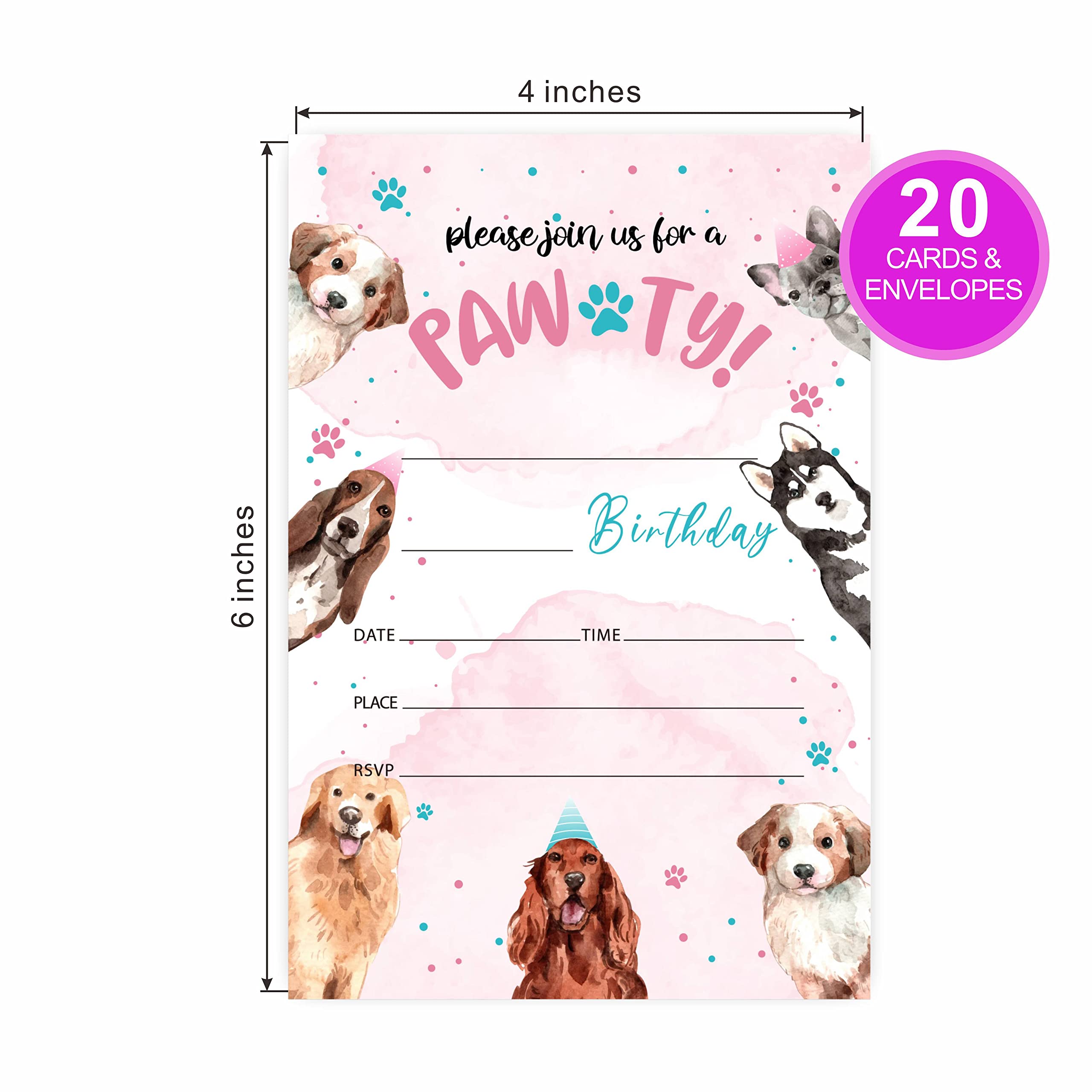 Puppy Birthday Invitations, Let's Pawty Birthday Party Invites Decorations, Dog Birthday Party and Events Supplies, 20 Fill-in Invites Cards with Matching Envelopes（YQK-029）