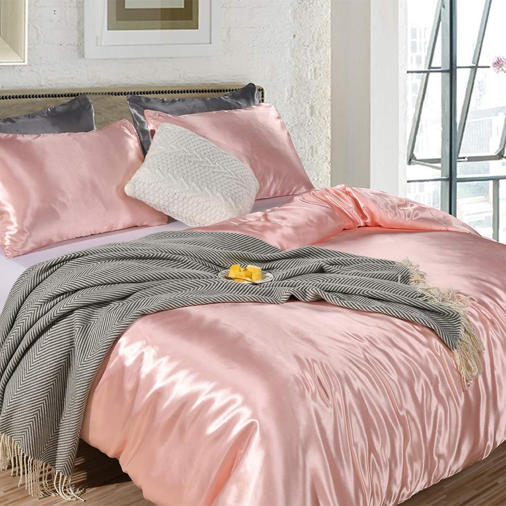 Silk Like Satin Bedding Hot Pink Duvet Cover Set Soft Lightweight Polyester Satin Comforter Cover Sexy Hotel Silky Bedding Sets Queen 1 Duvet Cover 2 Pillowcases (Queen, Hot Pink)