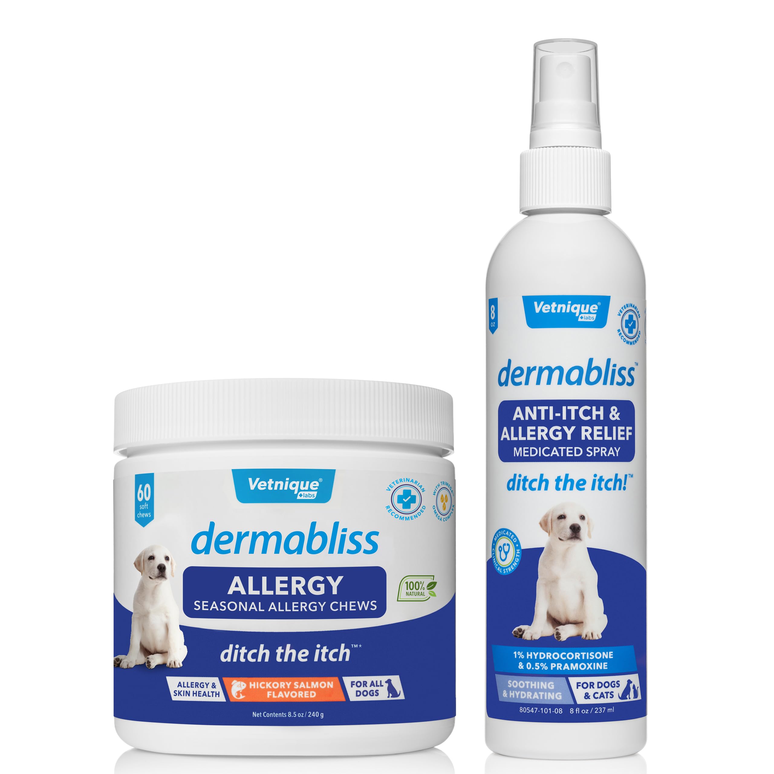 Vetnique Labs Dermabliss Allergy Chews 60ct & Dermabliss Anti-Itch/Allergy Relief Spray (8oz) Bundle Complete Skin Allergy Relief for Dogs with Dog Allergy Supplements, Hydrocortisone Spray for Dogs