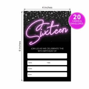 Neon 16th Birthday Invitations, Glow Theme Birthday Party Invites Decorations, Kids Adults Birthday Party and Events Supplies, 20 Fill-in Invites Cards with Matching Envelopes（YQK-023）