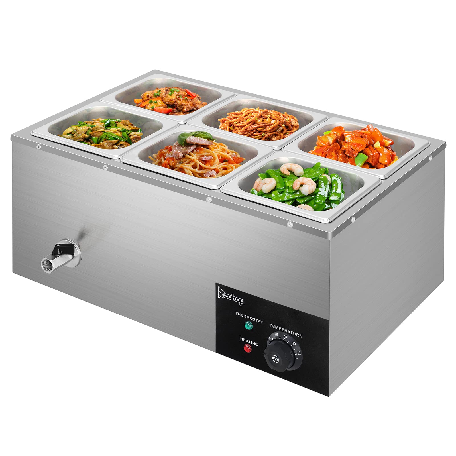 ROVSUN 21QT 6-Pan Electric Commercial Food Warmer, 110V Stainless Steel Bain Marie Buffet, 3.2 QT/Pan Stove Steam Table with Temperature Control & Lid for Parties, Catering, Restaurants