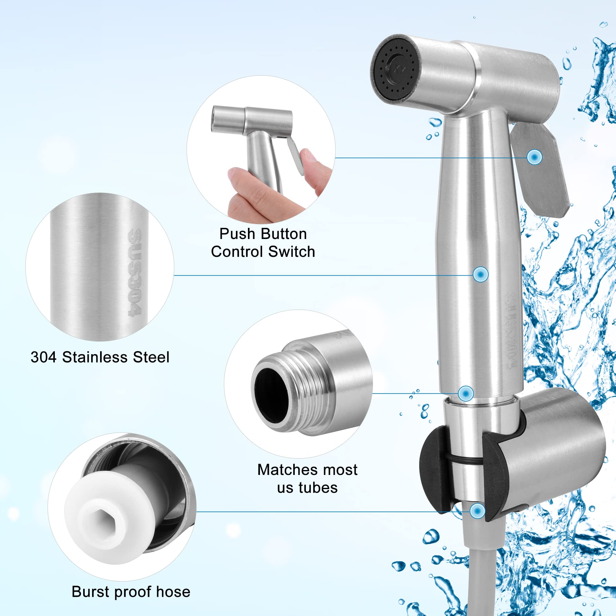 ACBungji Handheld Bidet Sprayer for Toilet Portable, Stainless Steel 5 Pcs Handheld Sprayer Kit Adjustable Water Pressure for Toilet Seat, Shower, Sink, Cloth Diaper Sprayer, Baby Pets Wash (Silver)