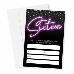 neon 16th birthday invitations, glow theme birthday party invites decorations, kids adults birthday party and events supplies, 20 fill-in invites cards with matching envelopes（yqk-023）