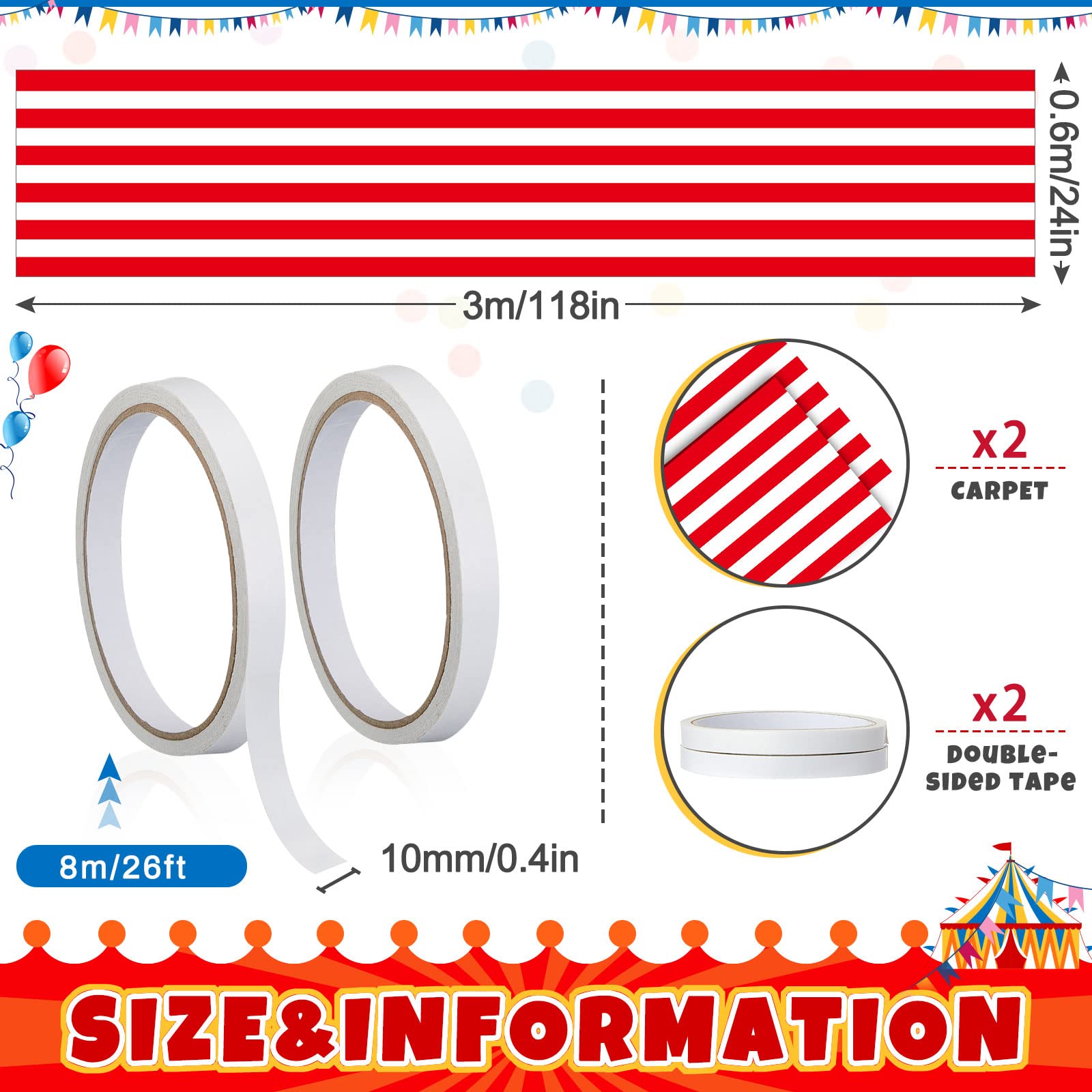 Boao 2 Pcs Carnival Circus Party Supplies Red and White Striped Aisle Runners Carnival Theme Party Floor Decor 24 in x 10 ft for Birthday Carnival Party Decorations