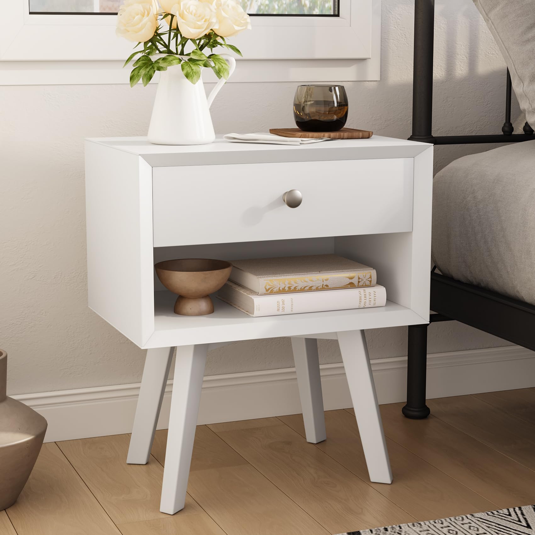 Algherohein 24" H White Nightstand with 1 Drawer, Wood Night Stand for Bedroom, Bedside Table with Open Shelf, 2-Tier Small End Table