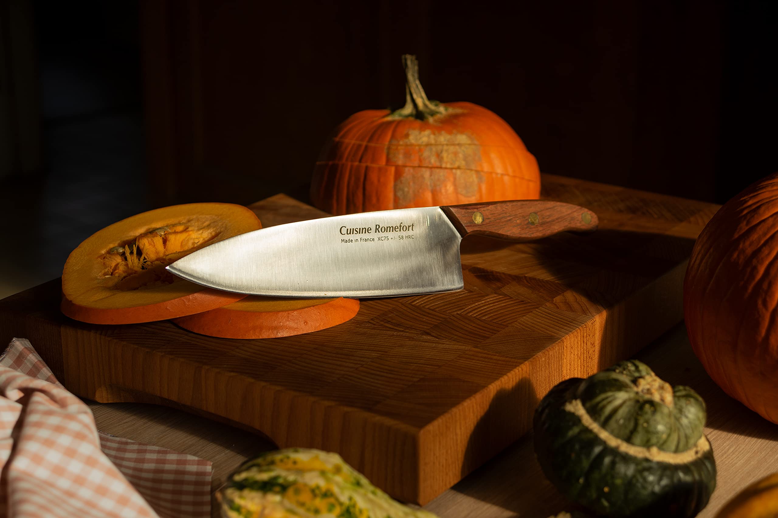 Cuisine Romefort | Sharp Carbon Steel Chef's Knife XC75, 8.7 in blade, with Leather sheath | chef knives with wooden handle | kitchen knife hardened with 58 Rockwell