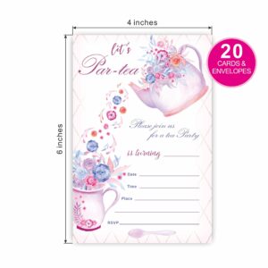 Tea Party Birthday Invitations, Par-tea Birthday Party Invites Decorations, Kids Adults Birthday Party and Events Supplies, 20 Fill-in Invites Cards with Matching Envelopes（YQK-038）