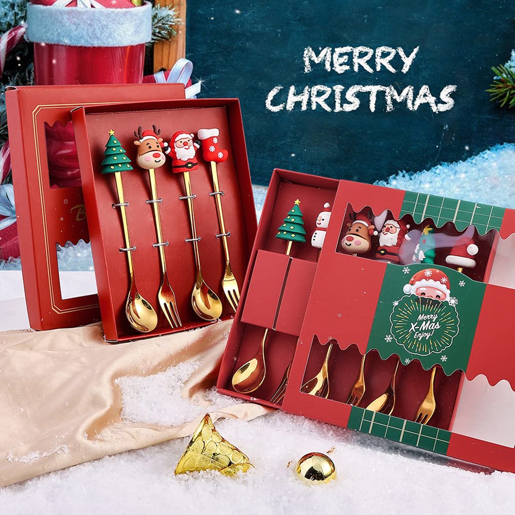 Christmas Spoon Stainless Steel Christmas Tree Tea Spoon for Home, Xmas Coffee Spoon Dinner Forks Dessert Spoon Stirring Spoon Ice Cream Spoon Creative Tableware Gift, Holiday Party Supply (6pcs-B)