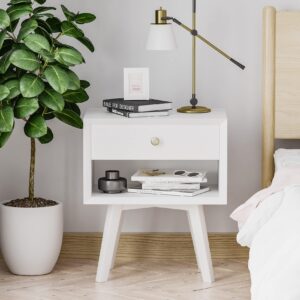 Algherohein 24" H White Nightstand with 1 Drawer, Wood Night Stand for Bedroom, Bedside Table with Open Shelf, 2-Tier Small End Table