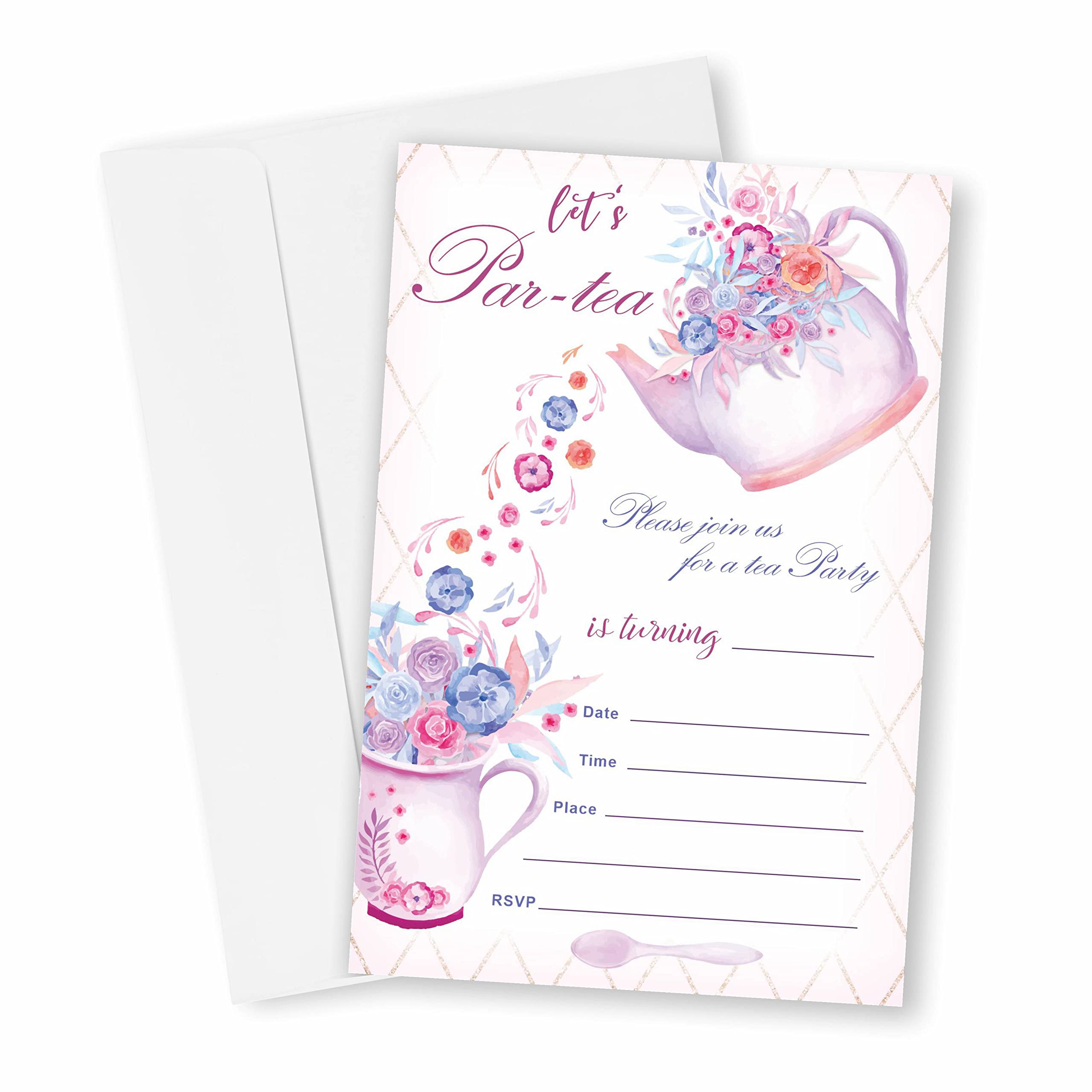 Tea Party Birthday Invitations, Par-tea Birthday Party Invites Decorations, Kids Adults Birthday Party and Events Supplies, 20 Fill-in Invites Cards with Matching Envelopes（YQK-038）