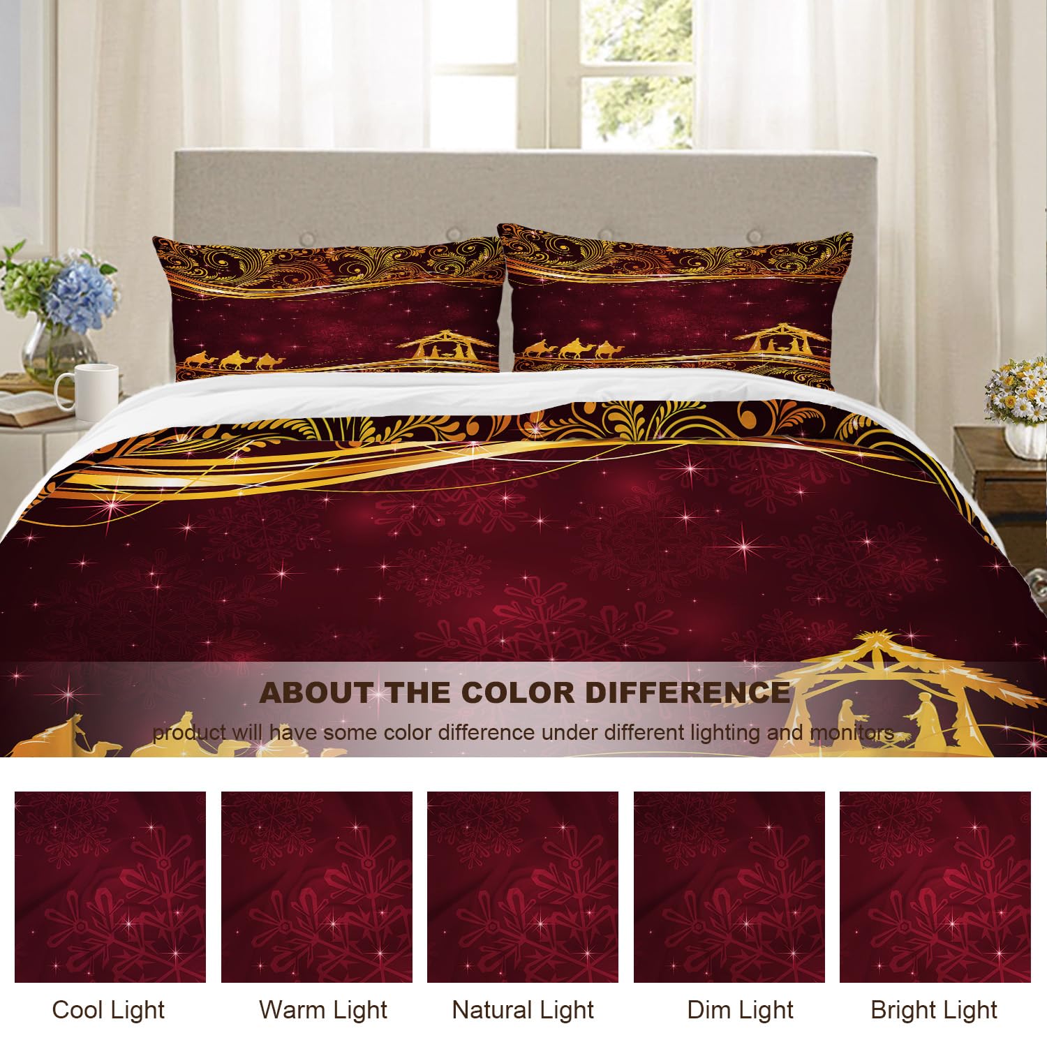 BaoNews Christmas Wise Men Duvet Cover Set Queen Size,3 Pieces Golden Star of Bethlehem Golden Floral Bedding Set Hotel Quality 100% Cotton Comforter Cover Set with 2 Pillowcases(No Filler)