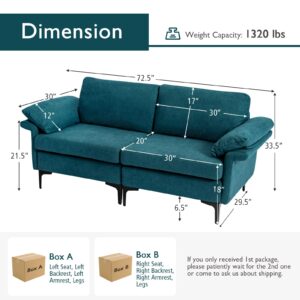 KOMFOTT 72.5” Loveseat Sofa Couch, Modern Love Seat with Removable Armrest Pillows, Steel Frame Legs & Cozy Cushions, 2-Seat Sofa Couch for Living Room and Apartment (Teal)