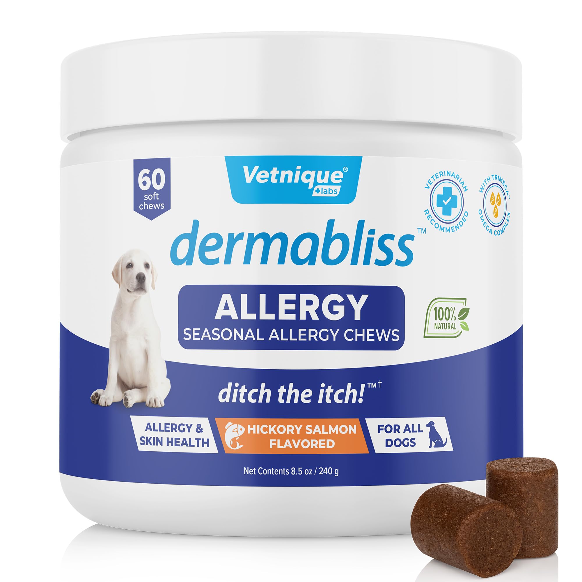 Vetnique Labs Dermabliss Allergy Chews 60ct & Dermabliss Anti-Itch/Allergy Relief Spray (8oz) Bundle Complete Skin Allergy Relief for Dogs with Dog Allergy Supplements, Hydrocortisone Spray for Dogs