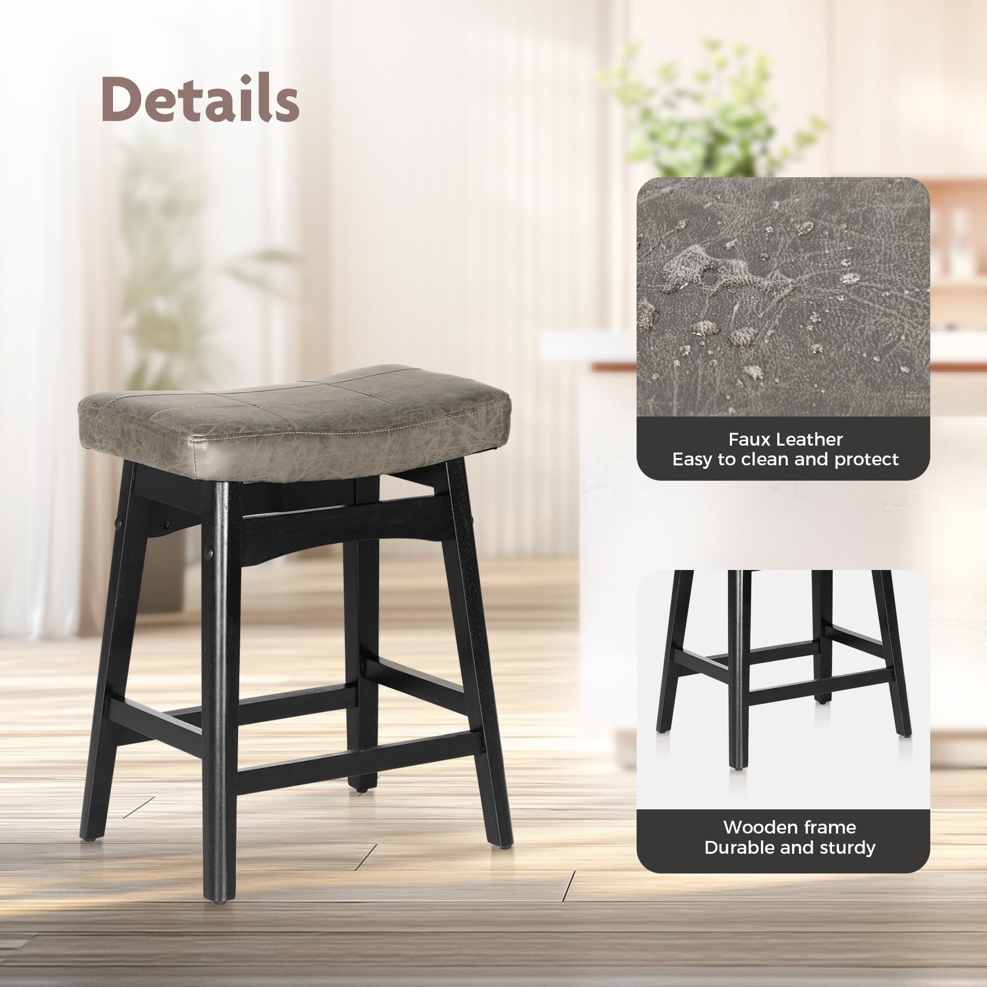 ALPHA HOME Bar Stools Set of 3, Solid Wood Saddle Kitchen Stools with Grey PU Leather Cushion Counter Height Barstools with Wooden Base for Kitchen Dining Cafe, 24 Inch, Grey, 3PCS