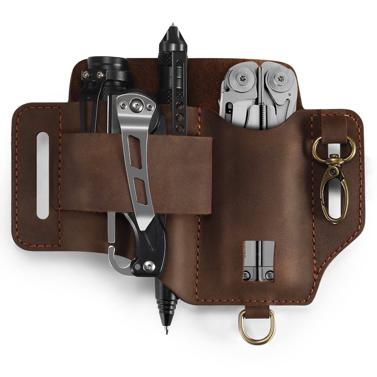 Multitool Leather Sheath for Belt,EDC Belt Organizer,Multitool Holster with Multi Tool Pouch,Tactical Pen Holder,Flashlight Holder and Key Holder,EDC Pouch for Men,Gift for Father