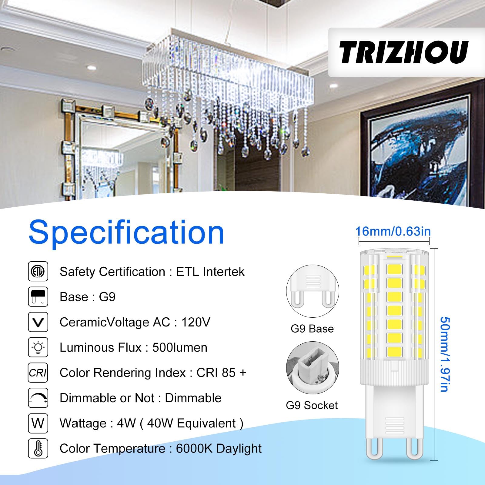 TRIJZHOU 6 Pack G9 LED Light Bulb 50w 40w Halogen Equivalent 4w Warm White 3000k 500 Lumen JCD/G9 Bi-Pin Base for Home Lighting