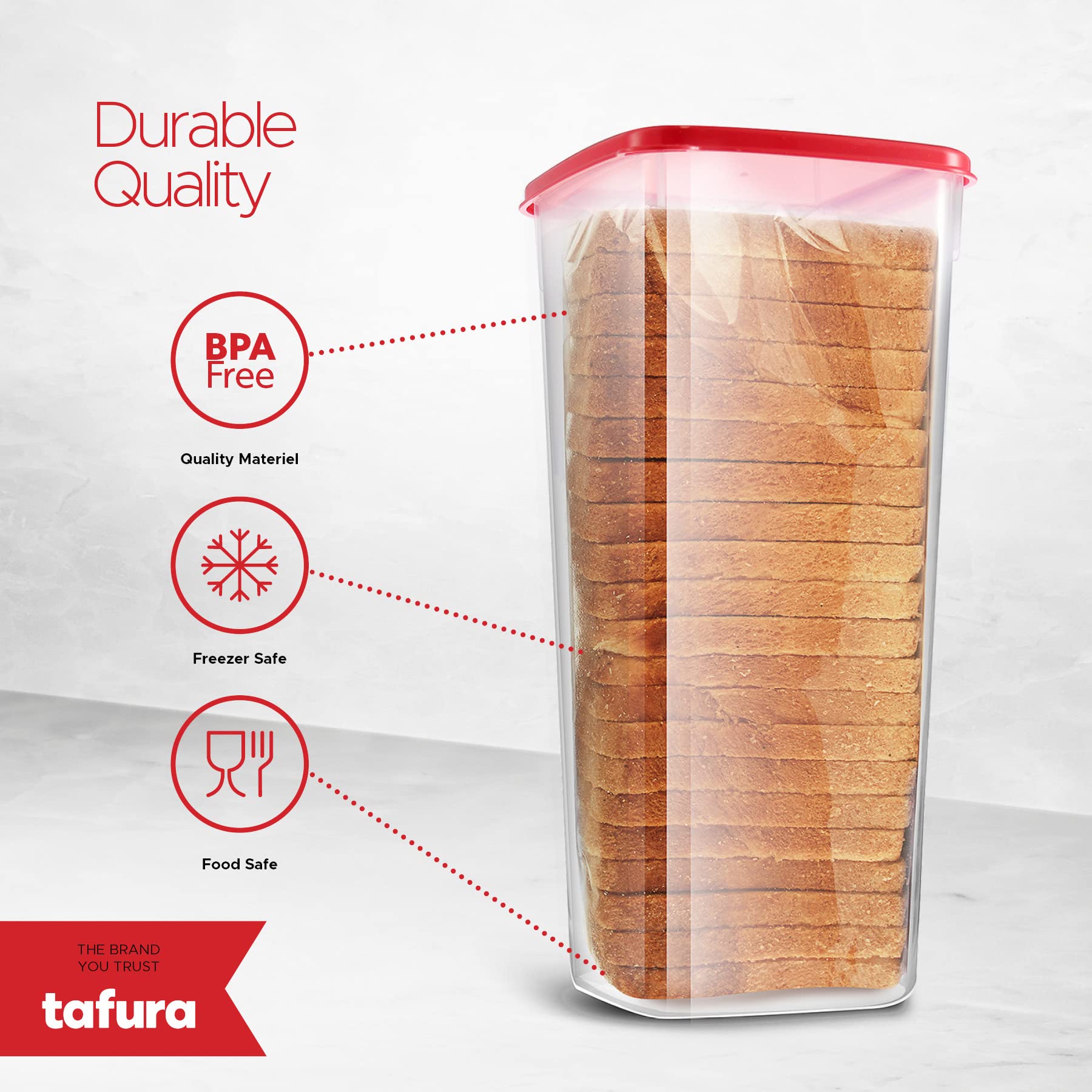 Tafura Bread Container | Bread Storage Container | Plastic Bread Box | Bread Loaf Keeper with Red Lid | Bread Saver Dispenser, BPA Free