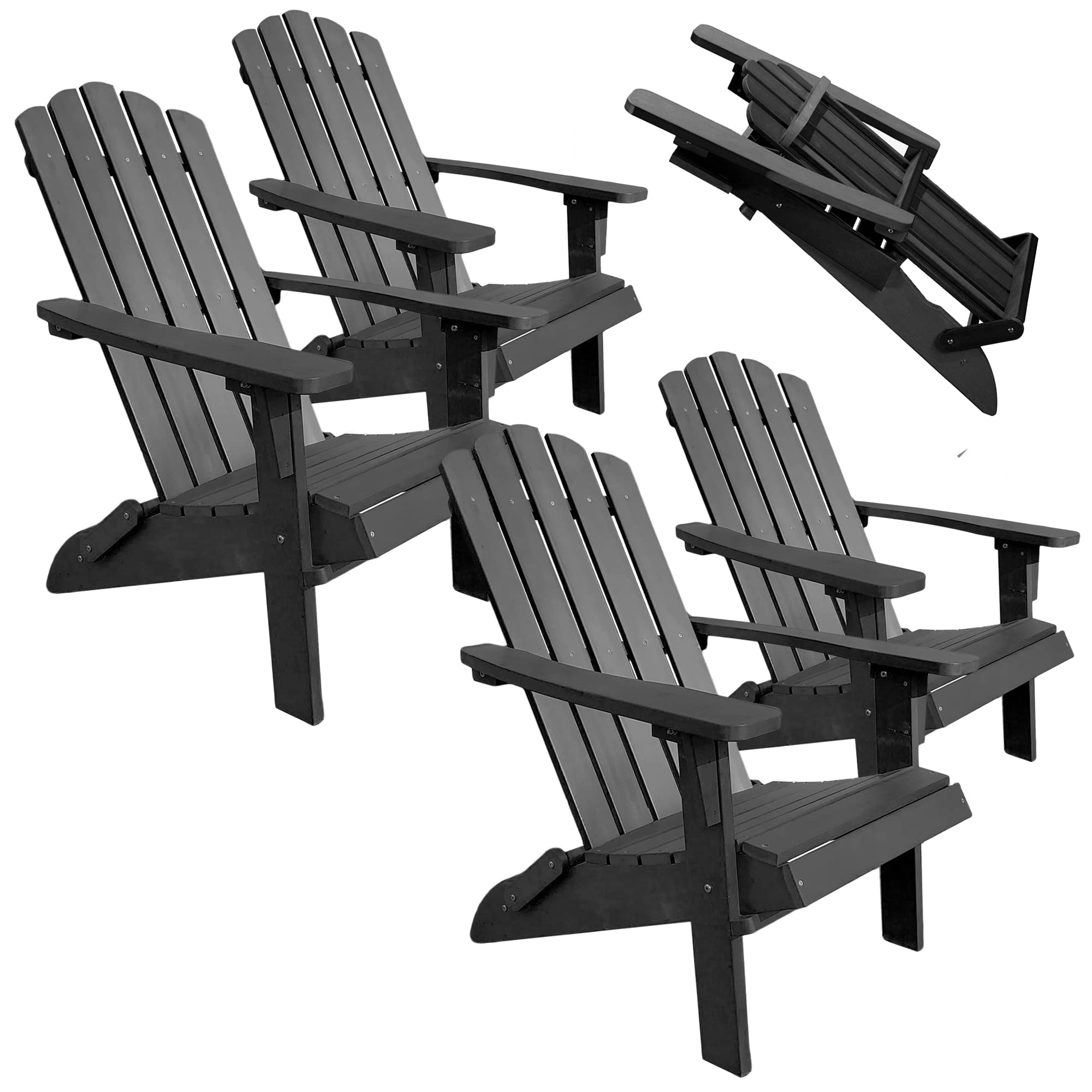 PolyTEAK Folding Adirondack Chair Set of 4, Premium Weather Resistant Poly Lumber, Outdoor Patio Furniture, Up to 300 lbs, Plastic Adirondack Chairs for Garden Fire Pit, Classic Collection - Black