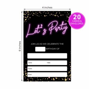 Neon Birthday Invitations, Glow Theme Birthday Party Invites Decorations, Kids Adults Birthday Party and Events Supplies, 20 Fill-in Invites Cards with Matching Envelopes（YQK-024）