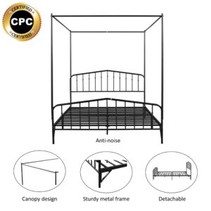 Tensun Detachable Queen Anti-Noise Platform Metal Canopy Bed with Headboard,Black