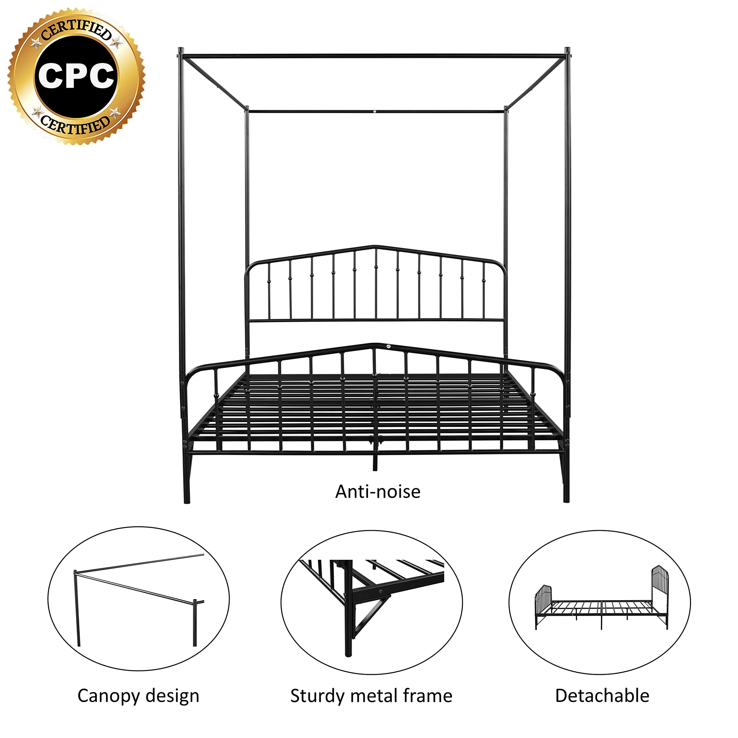 Tensun Detachable Queen Anti-Noise Platform Metal Canopy Bed with Headboard,Black