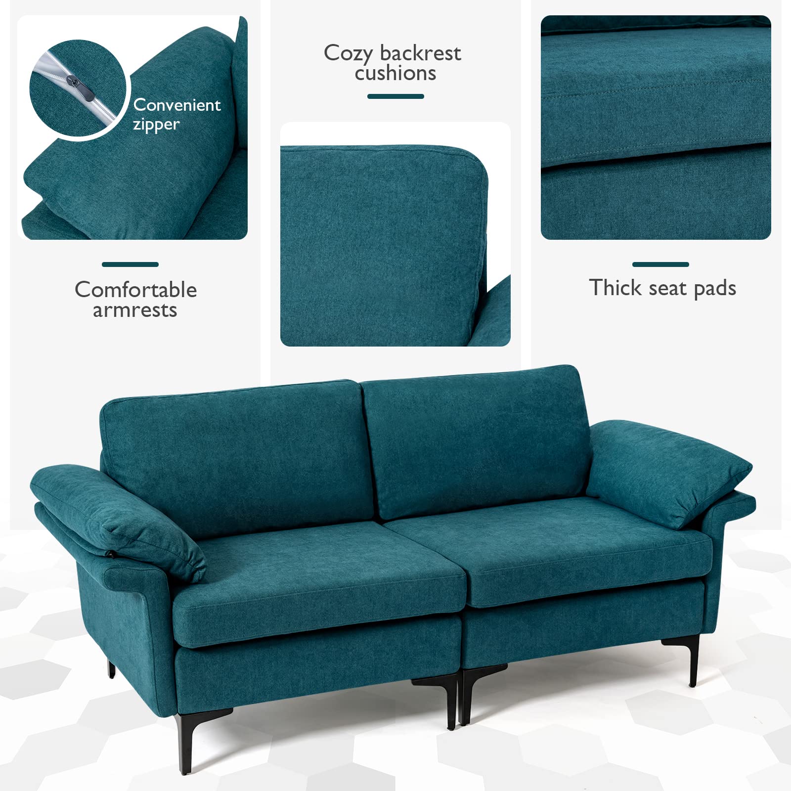 KOMFOTT 72.5” Loveseat Sofa Couch, Modern Love Seat with Removable Armrest Pillows, Steel Frame Legs & Cozy Cushions, 2-Seat Sofa Couch for Living Room and Apartment (Teal)