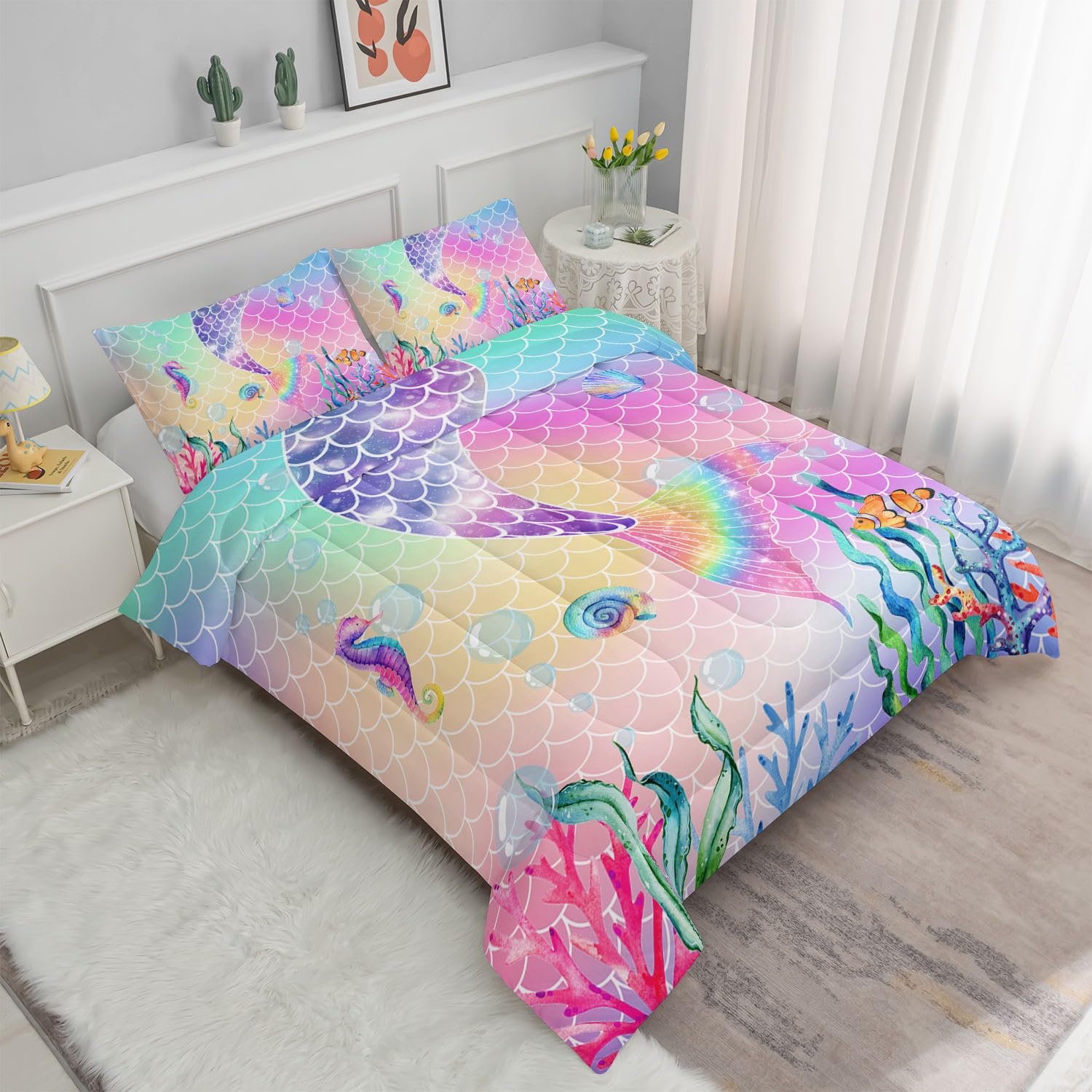 Datura home Bedding Comforter Set Rainbow Pink Mermaid Tail Printed Pattern Quilt with 1 and 2 Pillowcases for Girls Bedroom All Season(Rainbow Full) Full 80x90inches