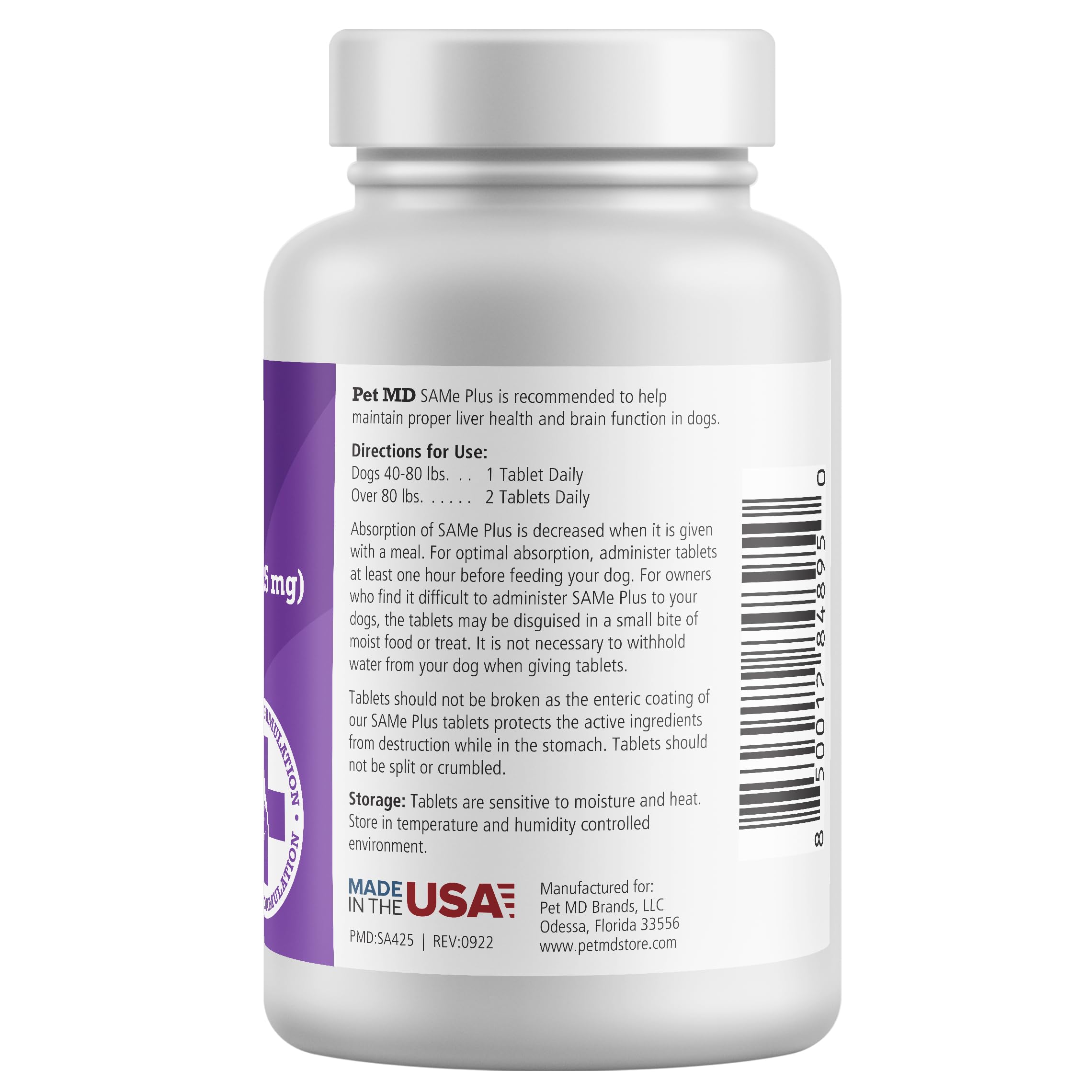 Pet MD Same Plus Liver Support for Dogs - Canine Hepatic Support & Brain Health Supplement - B Vitamins & Same for Dogs - Enteric Coated Tablets - 425mg - 30 ct