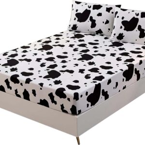 SDY 3PCS Milk Cow Print Stuff Bedding Fitted Sheet Set Queen Size, Cartoon Cow Pattern Fitted Sheet with Deep Pocket and 2 Pillowcases, Cute and Cozy, Kawaii Bed for Kids, Children, Boys, Girls, Teens