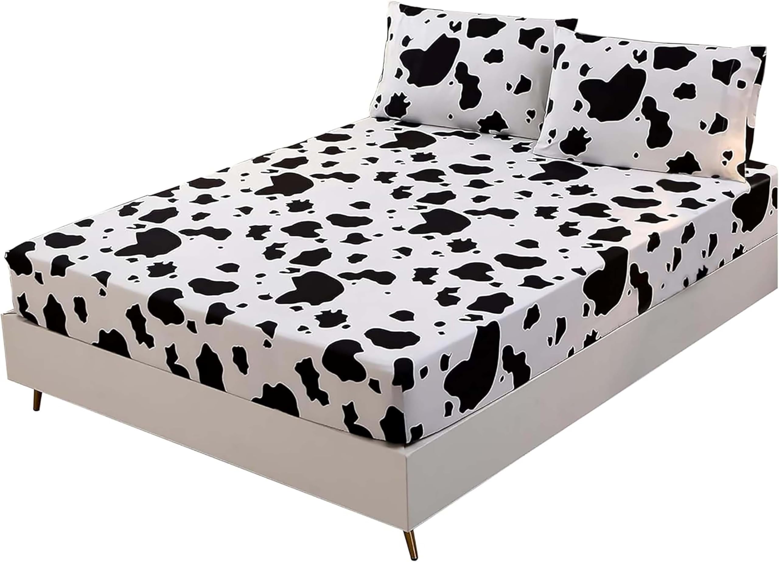 SDY 3PCS Milk Cow Print Stuff Bedding Fitted Sheet Set Queen Size, Cartoon Cow Pattern Fitted Sheet with Deep Pocket and 2 Pillowcases, Cute and Cozy, Kawaii Bed for Kids, Children, Boys, Girls, Teens